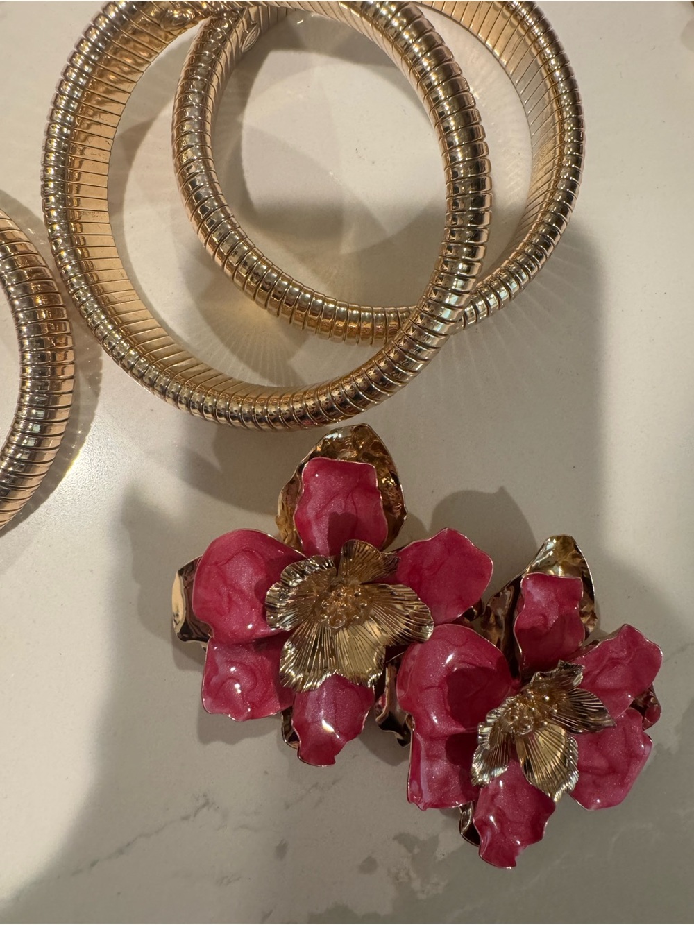 Gold-Tone Pink Floral Statement earrings